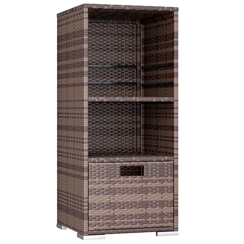 Devoko Outdoor Pool Towel Rack Patio Waterproof Rattan Wicker Storage Cabinet Shed with Shelves & Drawer (Brown)