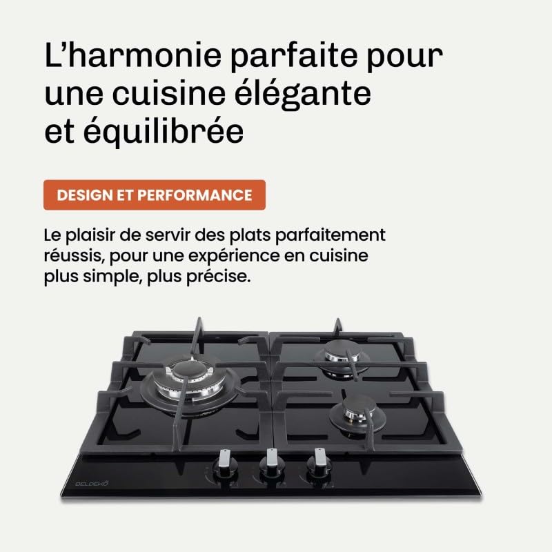 BELDEKO Plaque de cuisson Gaz 3 Feux 60 cm Verre Noir - Grilles Fonte - Marque Française