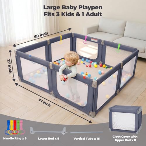 Image of Kidirect Foldable Baby Playpen, 71 inchx69 inch Extra Large Playpen for Babies and Toddlers, Portable Play Yard with 5 Handles, Indoor Outdoor Safety Baby Fence with Visible Mesh, Grey