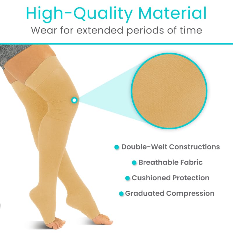 Image of Vive 15-20 mmHg Open Toe Thigh High Compression Socks for Men & Women - Thigh High Compression Stockings & Support Hose for Varicose Veins, Circulation & Pregnancy Support - Over the Knee Leg Sleeve