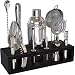 Highball & Chaser Kit Bartender con Soporte de Bambú Espresso. Hermoso juego de coctelera Cobbler con herramientas accesorios de barra. Kit de camarero de acero inoxidable 304 con soporte plateado