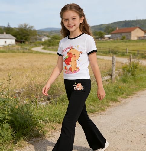 Image of Ayzozuy Tween Girls 2 Piece Outfits Short Sleeve Cartoon Graphic T-Shirt & Flared Pants Kids Clothing Set Size 8-13 Years