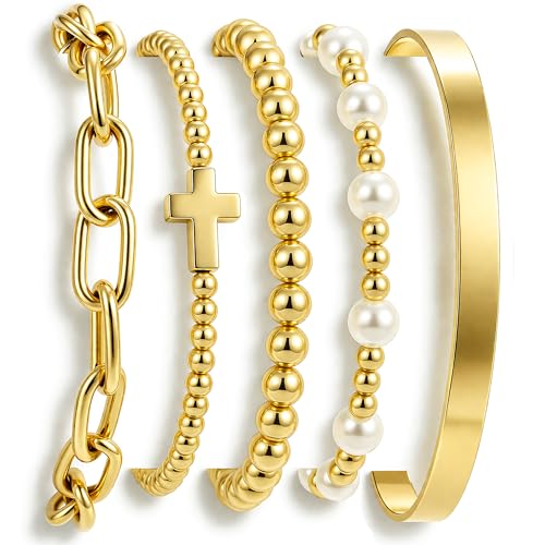 Image of Chunky Gold Bangle Bracelets for Women, Dainty 14k Gold Plated Big Stackable Bangles Set, Trendy Statement Cuff Bracelet Stack Fashion Jewelry Gifts