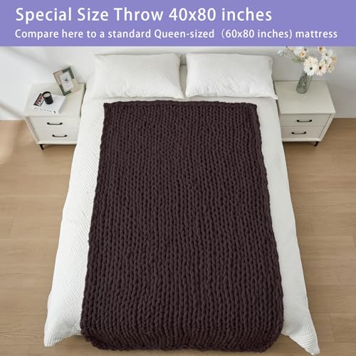 Bigacogo Chunky Knit Throw Blanket for Couch, 40x80 inches, 100% Hand Knitted with Thick Jumbo Chenille Yarn, Cozy Soft Large Rope Knot Cable Crochet Blankets for Sofa Bed Living Room, Chocolate