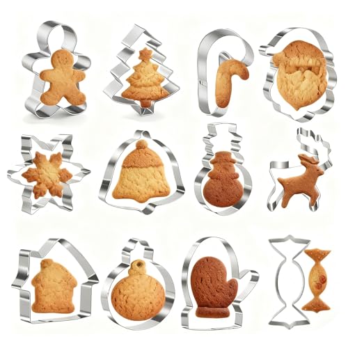 LIANRISES 12pcs Christmas Cookie Cutters Set for Baking, Gingerbread Man Christmas Tree Cutter, Xmas Biscuit Pastry Cutters, Stainless Steel Reindeer Snowman Santa Snowflake
