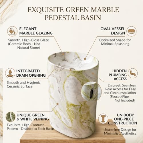 Image of BASSINO 20x14x33 Inch Pedestal Wash Basin /Free Standing Wash Basin /7 Years Warranty /Oval Ceramic One Piece Pedestal Sink for Bathroom /Living Room /Dining Hall /Floor Mounted Washbasin(Green Mix Marble)