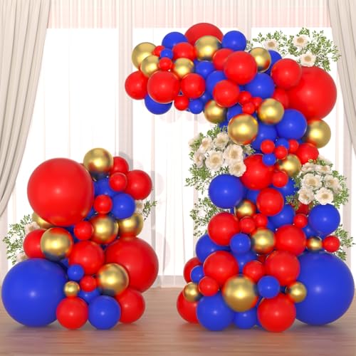 Arche de ballons dorés métallisés rouge et bleu chic pour décoration de mariage