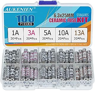 AUKENIEN 5 Values 100pcs BS1362 Fuse 1A 3A 5A 10A 13A 240V 1 3 5 10 13 Amp 240 Volt Fuses Assorted Household UK 6.3x25 mm 0.248x0.984 Inch Ceramic Tube Fuses Assortment Kit for Mains Plug