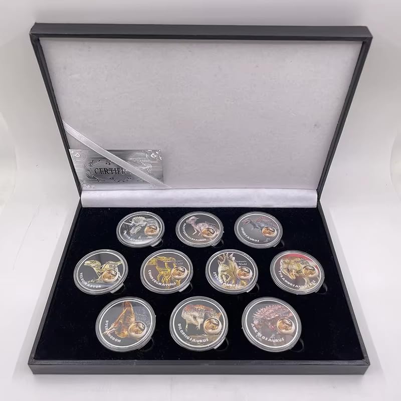 Warefinds Ltd Jurassic Dinosaur Coin Set | Box Set of 10 Coins | T-Rex Dinosaur & Others | Silver Plated Coins