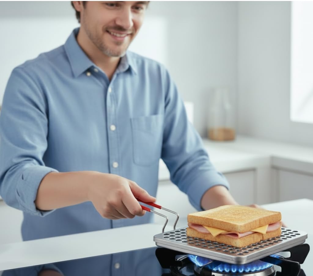 Grille-pain manuel inox pour gaz – Toaster camping et BBQ 22 x 22 cm avec manche isolant pliable – Pour griller pain, arepas, tortillas et viennoiseries à la maison ou en plein air