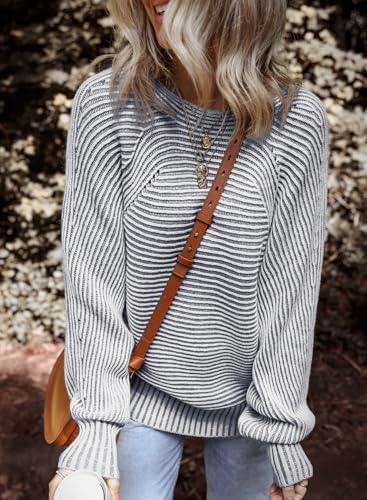 Image of EVALESS Striped Sweaters for Women Boat Neck Batwing Sleeve Oversized Pullover Sweater Tops Womens Fall Clothes Outfits