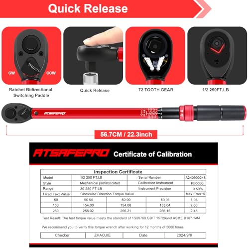 Image of ATsafepro 1 /2 Torque Wrench,1 /2 Torque Wrench 30-250 Ft Lb(40.7-339.0 Nm) Dual scale,torque wrench 1 /2 drive 250 ft-lb Pre-Calibrated Accuracy+-3% - Ideal for Automotive & Heavy Machinery Use