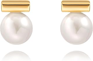 PERNNLA 18K Gold Plated Love Knot Pearl Stud Earrings for Women - Minimalist 10mm Imitation Pearl Button Posts