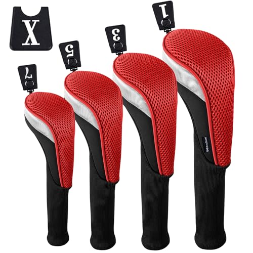 Andux Golfschlägerhauben aus Holz, 460 cc, mit langem Hals, Rot, 4 Stück