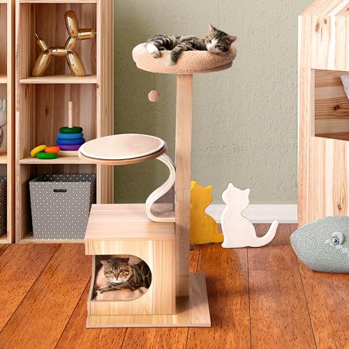 Cat Craft 3-Level Cat Condo Tree with Bed, Scratch & Hanging Cat Toy, Large, Tan