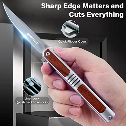 Ohmonlyhoo Pocket Knife, 4 Inch Folding Pocket Knife With Rosewood Handle, Folding Knife With Leather Sheath For Camping, Hunting And Hiking Great Gift For Men And Women #TOP3