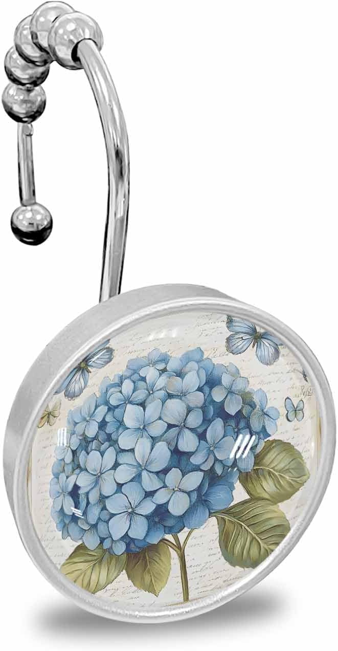 Shower Curtain Hooks Decorative, Blue Hydrangea Shower Curtain Rings Stainless Steel, Spring Vintage Botanical Butterfly Bathroom Accessories Rod Hangers for Curtains/Clothing 12Pcs