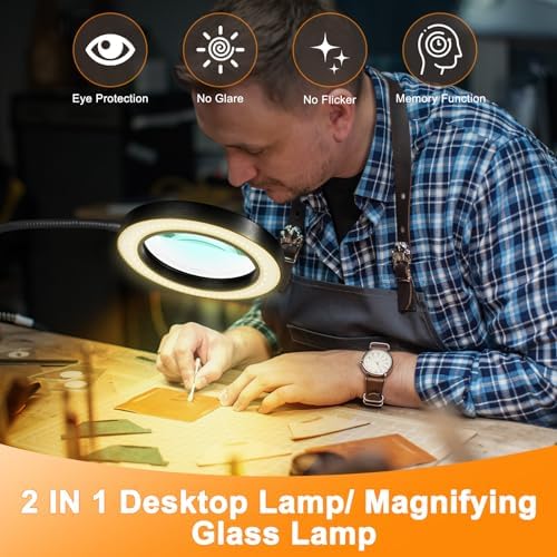 20X/10X Dual-Lens Magnifying Glass with Light and Timer, Combination Lens Magnifier with Light, 3 Color Modes, 2 in 1 Magnifying Desk Lamp for Craft Hobby Painting Sewing Close Work(No Adapter) - 1