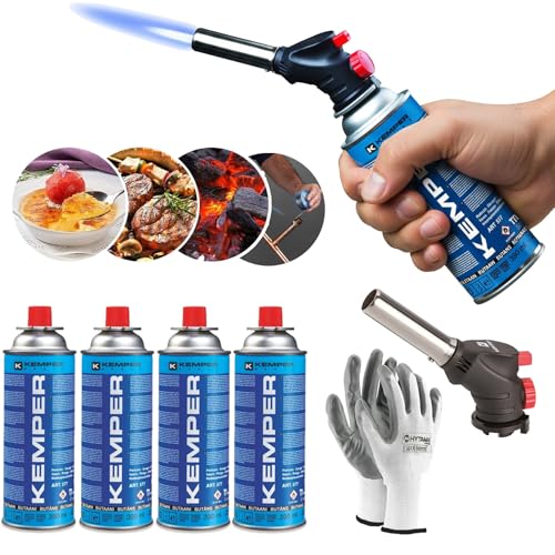 Kemper - Torcia Cannello a gas, Scottatore da Cucina, Caramellatore + Ricarica di Gas Butano da 227 g, multifunzione + Guanti Omaggio (4 BUTANO + CANNELLO)