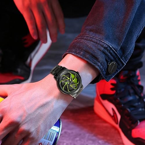 Image of FANMIS Men's Racing Car Wheel Watch 3D Spinning Dial Stainless Steel Watch | Creative 3D Spinning Car Quartz Large Skeleton Face and 30M Water Resistance Designed for Car Fans and Daily Wear.