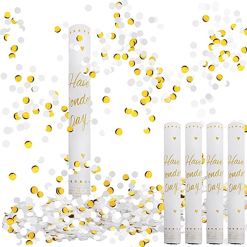 Confetti Cannons White, Fewlew 4pcs Party Poppers 40cm, 6M Effect Height, Confetti Cannons Large, Party Poppers Birthday, for Party, Weddings, Anniversary, Graduation, New Year(round)