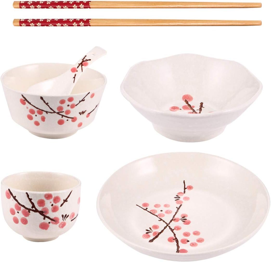 Générique Service de Table Japonais 6 pièces en céramique, Assiette, Bol, Tasse, cuillère, Baguettes, Bols à céréales et Nouilles