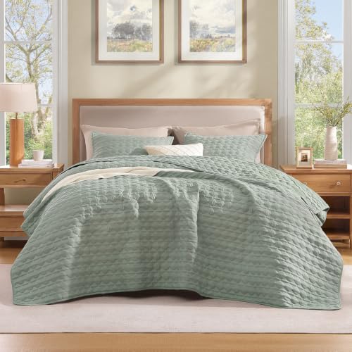 Image of Litanika King Quilt Bedding Set, 3 Pieces Light Green Bedspreads Set