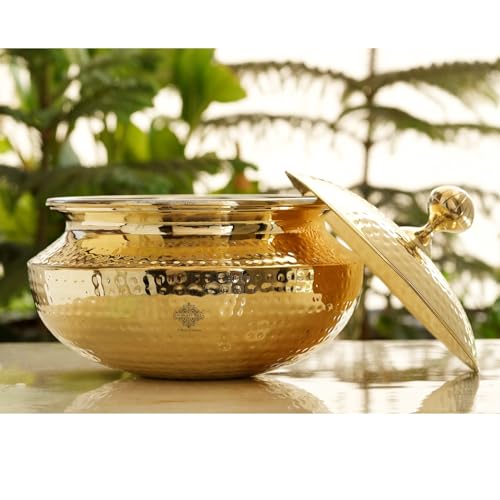 Image of INDIAN ART VILLA Brass Handi for Cooking with Tin Lining Inside, Degchi /Sipri, Ideal for Biryani, Cooking & Serving, Premium Brass Utensil, Volume - 15000 ml