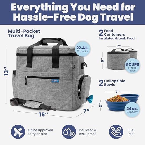 Image of The Original Doggy Bag - Complete Dog Travel Bag for Supplies with 2 BPA-Free Travel Dog Bowls & 2 Pet Food Containers - Traveling Kit for Road Trips, Camping, Weekend Away or Doggy Gift: Grey
