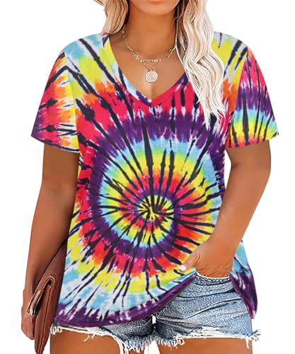 Image of RITERA Women Plus Size Tops Tie Dye V Neck Shirt Floral Camo Summer Short Sleeve Tunic Oversized Ladies Blouse XL-5XL