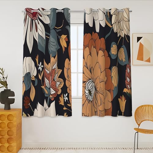 Image of Tyrot Black Boho Floral Grommet Blackout Curtains, 52W x 45L, 2 Panels
