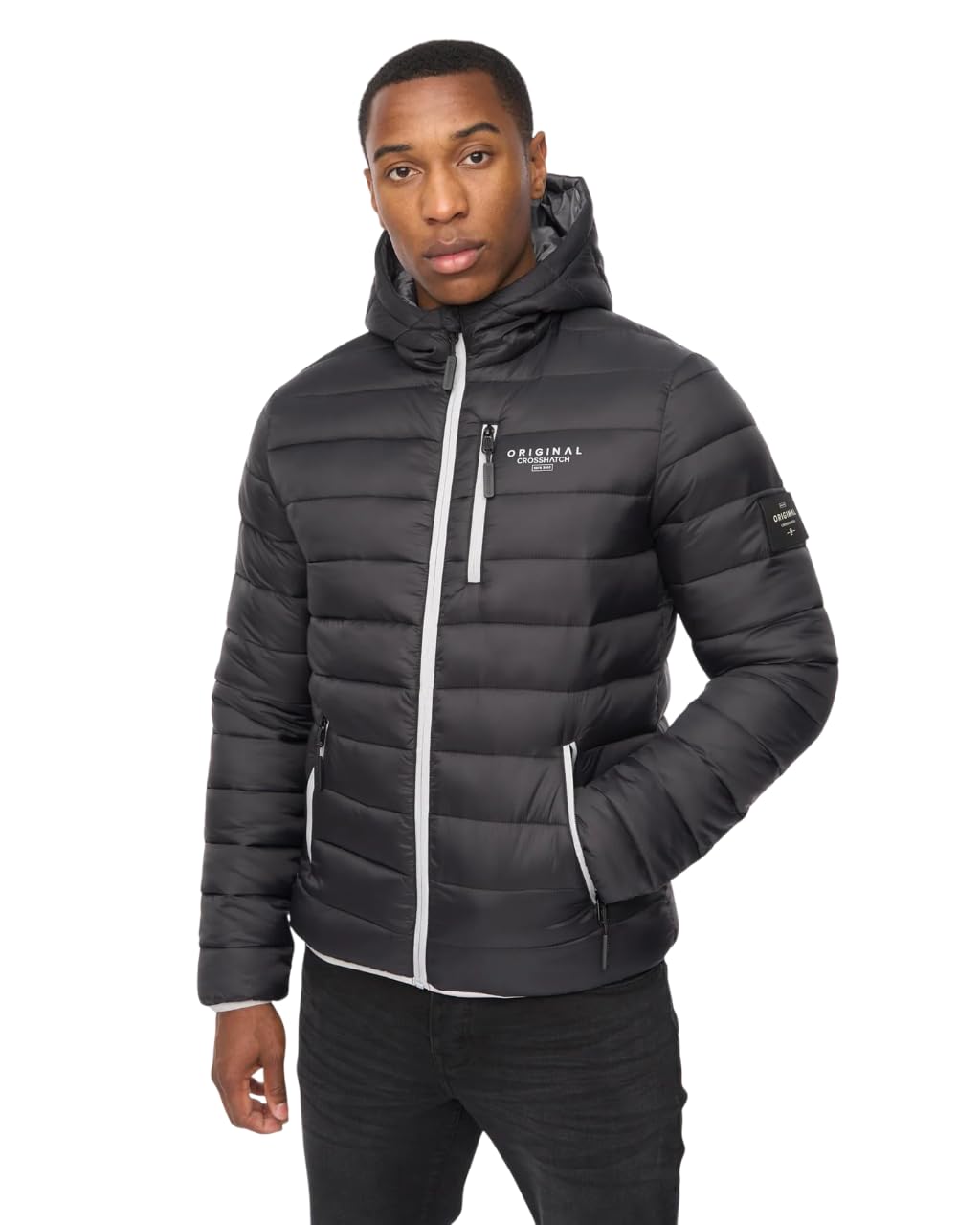 Crosshatch Men’s Puffer Jacket – Lightweight Quilted Winter Coat, Water-Resistant Hooded Bubble Jacket with Zip Pockets Black L