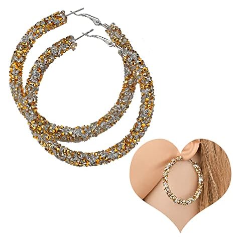 Anglacesmade Bridal CZ Crystal Hoop Earrings Sparkling Rhinestone Large Round Loop Earrings Crystal Paved Wedding Prom Party Festival Jewelry for Women and Girls (Gold) Cover