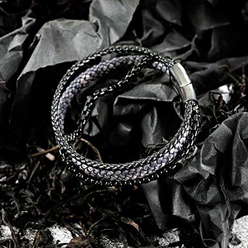 Image of Men's Leather and Steel Chain Bracelet with Clasp