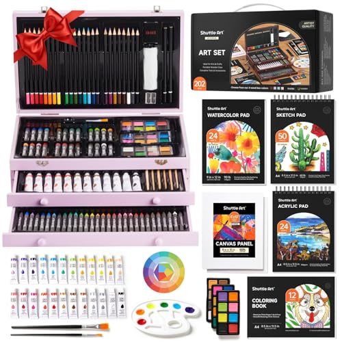 Shuttle Art 202 Piezas Maletin Pinturas, Estuche Pinturas con 4 Bloc de Dibujo, Lienzo, Pintura Acrílica, Lápices de Colores, Lápices de Cera, Pasteles, Kit Pintura para Niños Adultos, Violeta