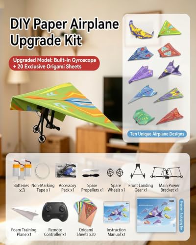 Image of Rc Paper Airplane Motor Kit DIY Model Airplanes Launcher Construction Set with Gyro Stabilizer Dual Propellers Foldable Electric Remote Control Plane Drone Stem Toy Tech Gadgets Gifts (with Plane F)