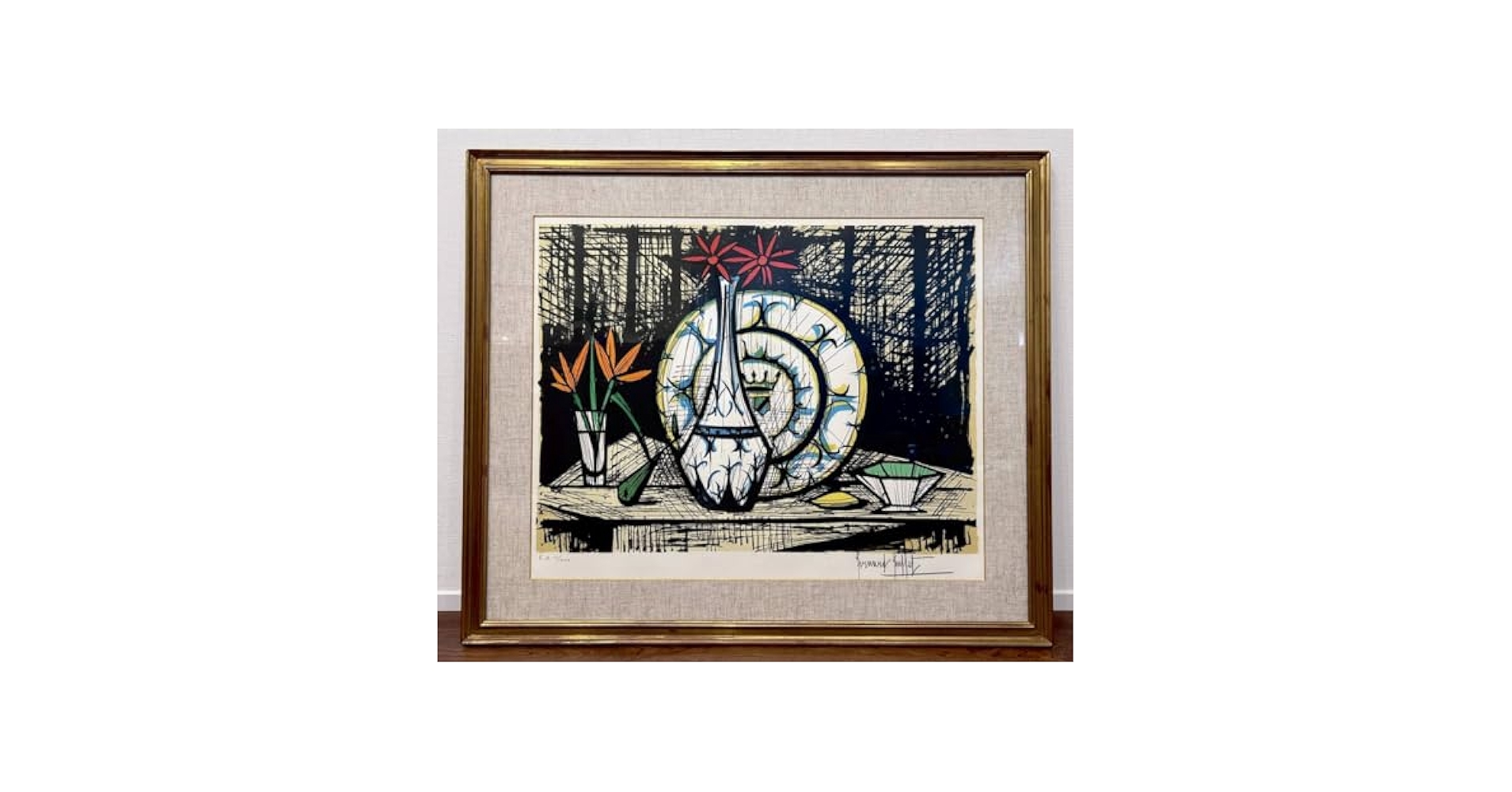 ベルナール・ビュッフェ 陶器のある静物 静物画 作家直筆サイン 版画 絵画 真作 ベルナール・ビュッフェ 陶器のある静物 静物画 作家直筆サイン