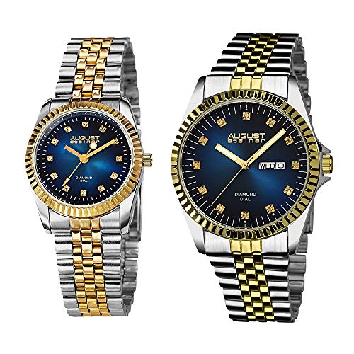 August Steiner Matching His and Hers Glamorous Watch Gift Set- Stainless Steel Bracelet - Perfect Gift (Two-Tone Gold & Blue) AS8201
