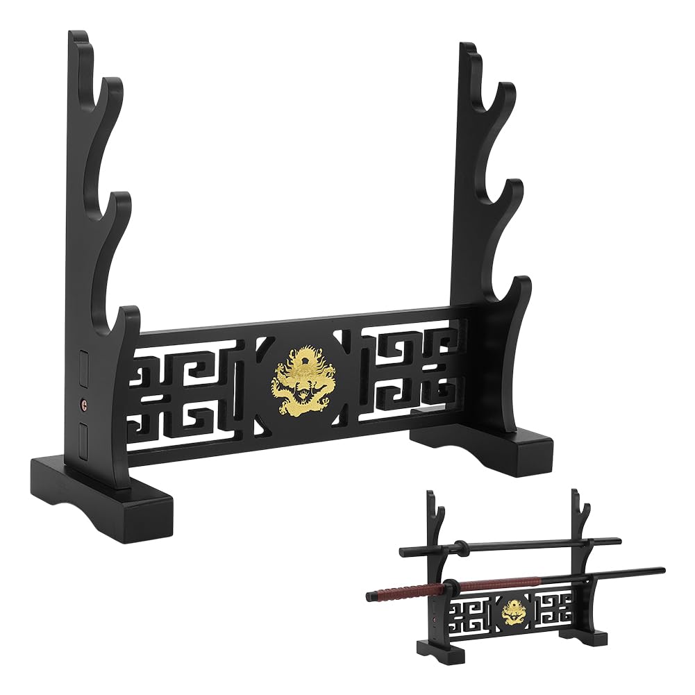 PH PandaHall Schwertständer, 3-Etagen Holz Katana Display Stand Japanischer Samurai-Schwert-Halter Display Hanger Rack mit Silberdrachen für Lichtschwert Katana Wakizashi Tanto Genji, Schwarz, 1 Pack