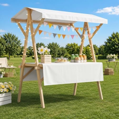 Présentoir De Vendeur, Kiosque De Vente Pliable Avec Auvent Rayé, Chariot Marché Bois Sur Roues, Stand Forain Portable, Comptoir Snack Mobile Pour Salon...
