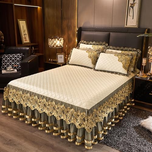 Daesar Sabana Bajera con Elástico,Patrón de Encaje Bordado con Color Sólido Poliéster Sabanas Bajeras Cama Beige Amarillo,180 x 200 CM
