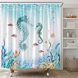 YSATNSFT Seahorse Shower Curtain Nautical Coastal Beach Ocean Blue Coral Underwater Marine Life Home Fabric Bathroom Decor Set Include Hooks,(70' WX70 H)
