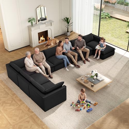 Image of Vesgantti 141.7 inch Oversized Sectional Boneless Couch, Modern 7 Seater Modular Sofa with Chaise, Deep Seat Convertible Plush Corduroy Cloud Couches for Living Room, No Assembly Required, Black