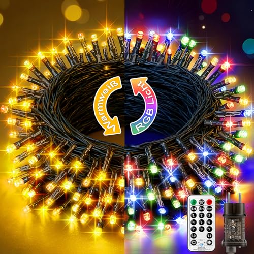 Lichterkette Außen Weihnachtsbaum Innen 20M, 4-in-1 Warmweiß Bunt...