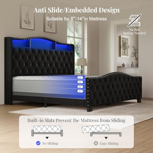 Image of Belffin King Size Bed Frame and Headboard, 50.9 inch Velvet Upholstered Wingback Bedframe with LED Lights & Storage /Charging Station, Button Tufted Tall Footboard, No Box Spring Needed, Noise-Free, Black
