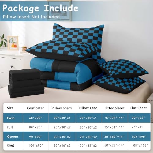 Image of Feelyou Checkered 7 Piece Bedding Set Teen Blue Black Plaid Comforter Set with Sheets King Size Kids Boys Cute Retro Neutral Checkerboard Geometric Bed in a Bag Vintage Aesthetic Room Decor