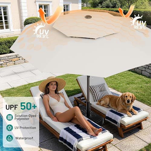 Image of AreShark 11ft 2 Tiers Patio Umbrella - Outdoor Umbrella Waterproof UV Protection, Market Table Umbrella w / 8 Sturdy Ribs&Crank for Pool, Porch, Garden(Ivory)