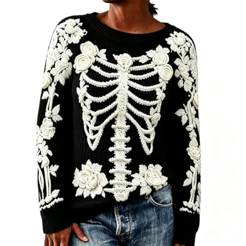 Gumipy Halloween Sweaters for Women Skeleton Skull Sweater Comfy Sweatshirt - image 2