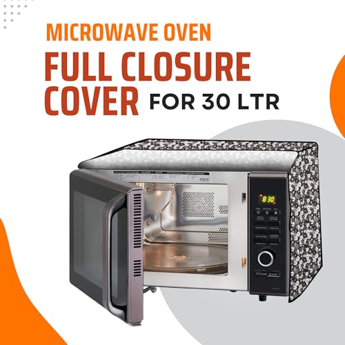 Image of PVC Microwave Oven Cover for IFB 30L 30BRC2 | Full Closure Zip | Waterproof & Dustproof | Attractive Digital Print | Stain Resistant | 48 x 53 x 34 cm | Black White Flower Design