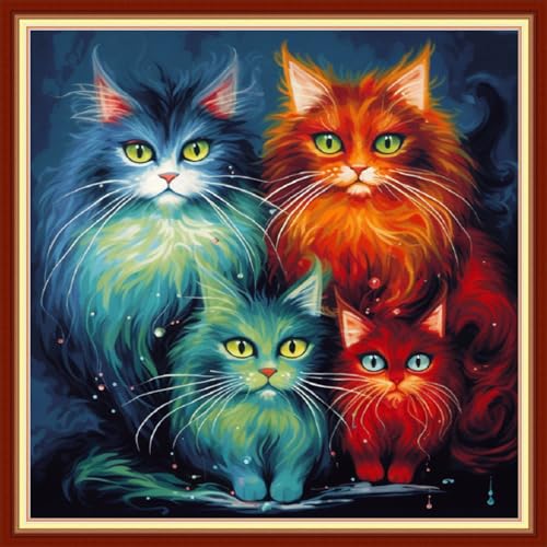 Image of Dooxvey Cross Stitch Kits for Adults Stamped Full Range of Embroidery Starter Kits for Beginners 11CT Printed Cross Stitch Patterns Needlepoint Kits Stamped Crossstitching-Colorful Cat 18x18 inch